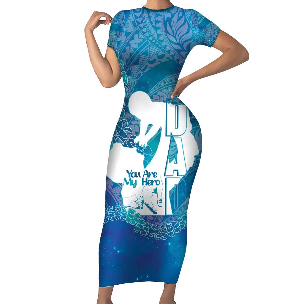 Turquoise Polynesia Father's Day Family Matching Short Sleeve Bodycon Dress and Hawaiian Shirt Dad You Are My Hero