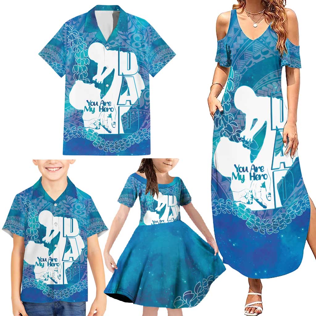 Turquoise Polynesia Father's Day Family Matching Summer Maxi Dress and Hawaiian Shirt Dad You Are My Hero