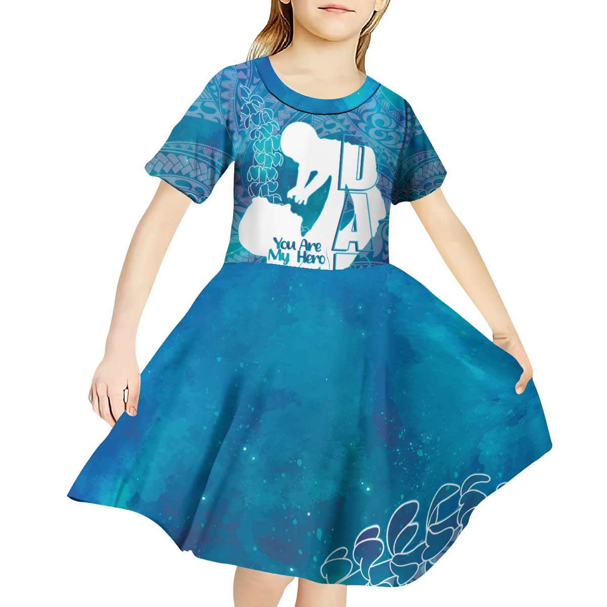 Turquoise Polynesia Father's Day Kid Short Sleeve Dress Dad You Are My Hero LT14 - Polynesian Pride