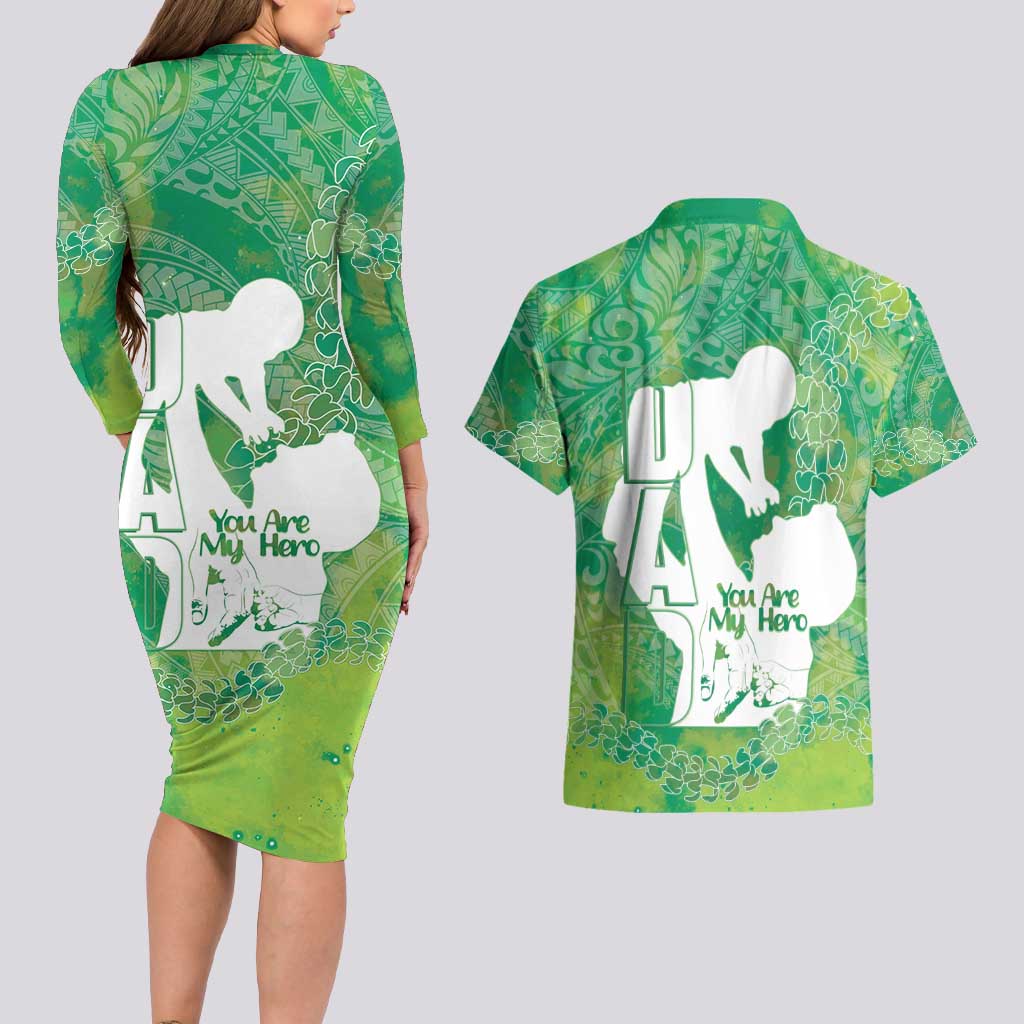 Green Polynesia Father's Day Couples Matching Long Sleeve Bodycon Dress and Hawaiian Shirt Dad You Are My Hero