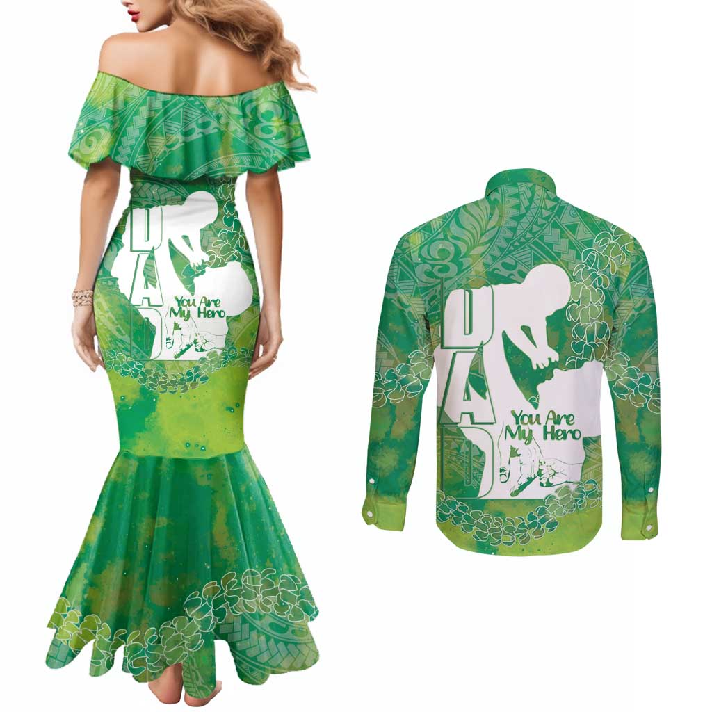 Green Polynesia Father's Day Couples Matching Mermaid Dress and Long Sleeve Button Shirt Dad You Are My Hero