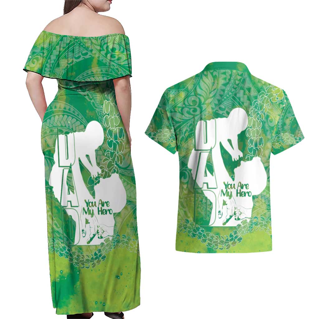 Green Polynesia Father's Day Couples Matching Off Shoulder Maxi Dress and Hawaiian Shirt Dad You Are My Hero