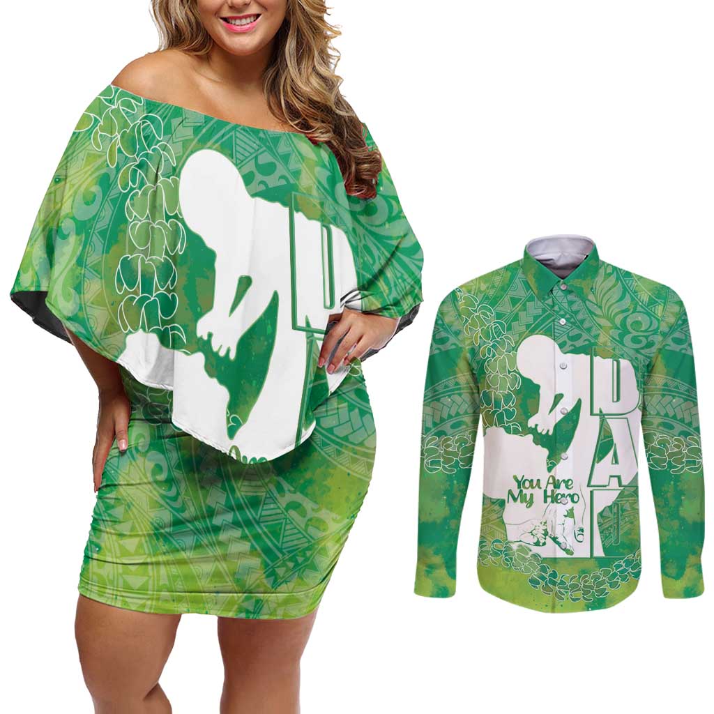 Green Polynesia Father's Day Couples Matching Off Shoulder Short Dress and Long Sleeve Button Shirt Dad You Are My Hero