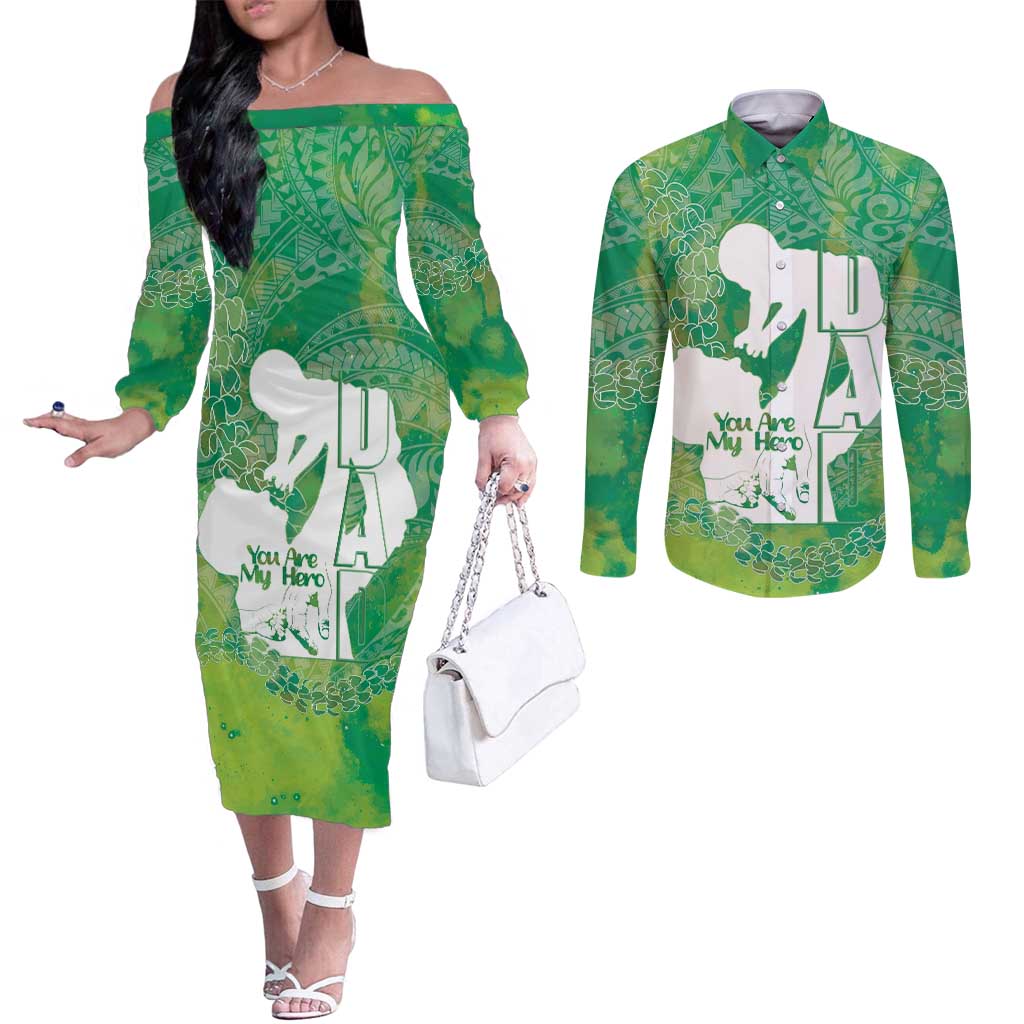 Green Polynesia Father's Day Couples Matching Off The Shoulder Long Sleeve Dress and Long Sleeve Button Shirt Dad You Are My Hero