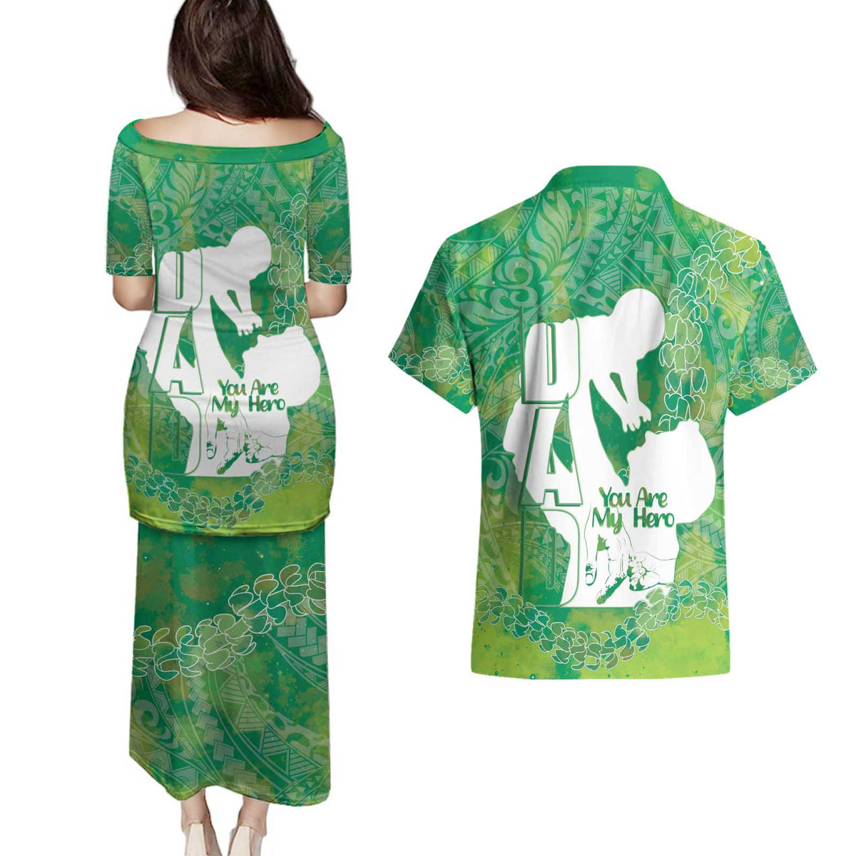 Green Polynesia Father's Day Couples Matching Puletasi and Hawaiian Shirt Dad You Are My Hero