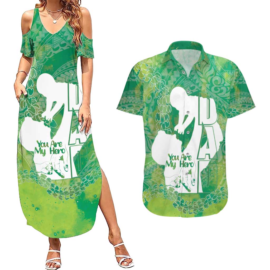 Green Polynesia Father's Day Couples Matching Summer Maxi Dress and Hawaiian Shirt Dad You Are My Hero