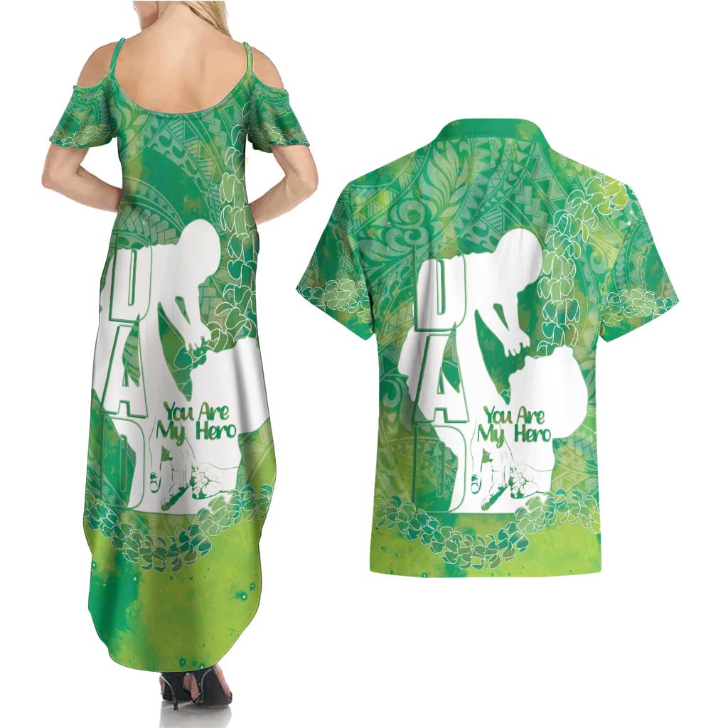 Green Polynesia Father's Day Couples Matching Summer Maxi Dress and Hawaiian Shirt Dad You Are My Hero