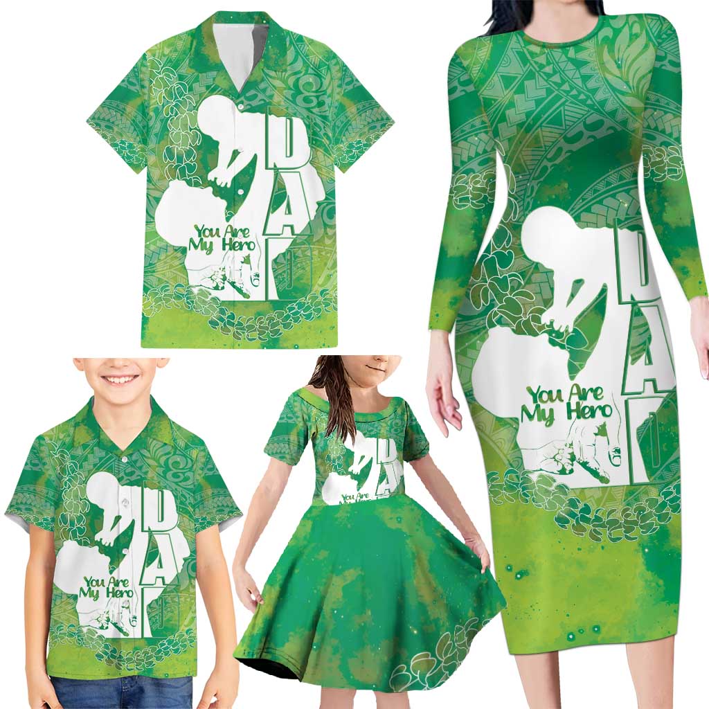 Green Polynesia Father's Day Family Matching Long Sleeve Bodycon Dress and Hawaiian Shirt Dad You Are My Hero