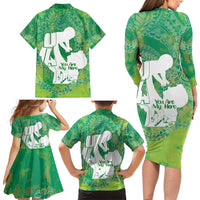 Green Polynesia Father's Day Family Matching Long Sleeve Bodycon Dress and Hawaiian Shirt Dad You Are My Hero