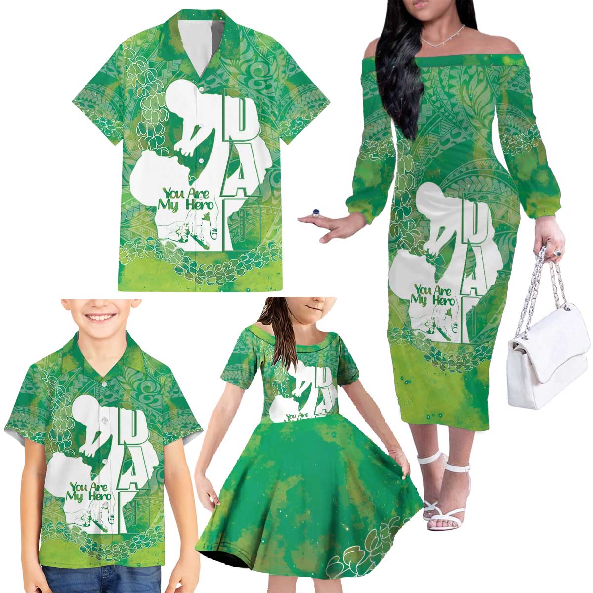 Green Polynesia Father's Day Family Matching Off The Shoulder Long Sleeve Dress and Hawaiian Shirt Dad You Are My Hero