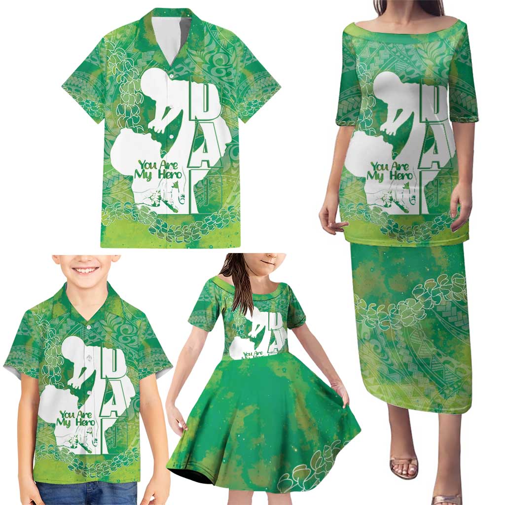 Green Polynesia Father's Day Family Matching Puletasi and Hawaiian Shirt Dad You Are My Hero