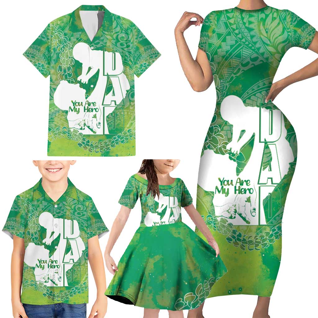 Green Polynesia Father's Day Family Matching Short Sleeve Bodycon Dress and Hawaiian Shirt Dad You Are My Hero