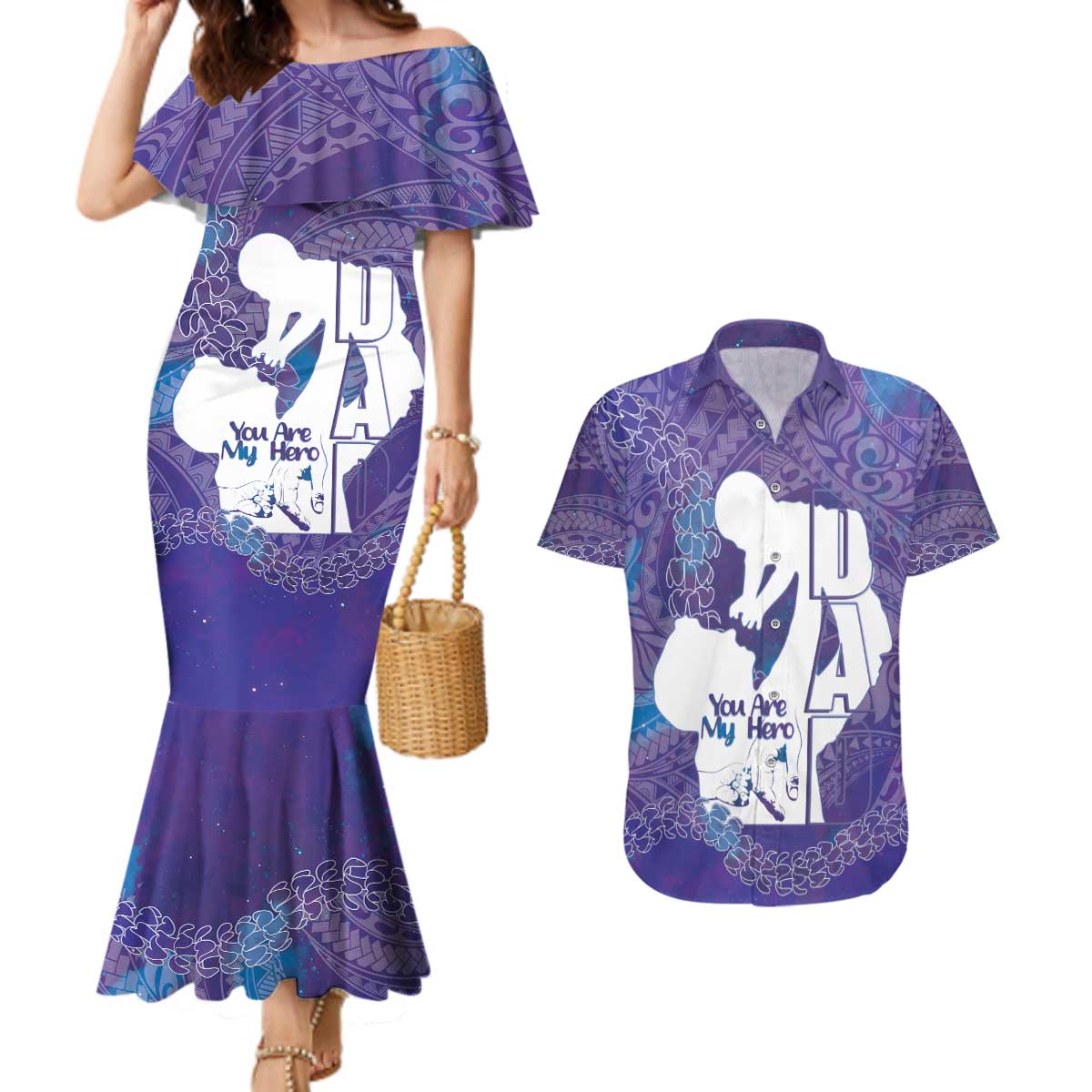 Purple Polynesia Father's Day Couples Matching Mermaid Dress and Hawaiian Shirt Dad You Are My Hero