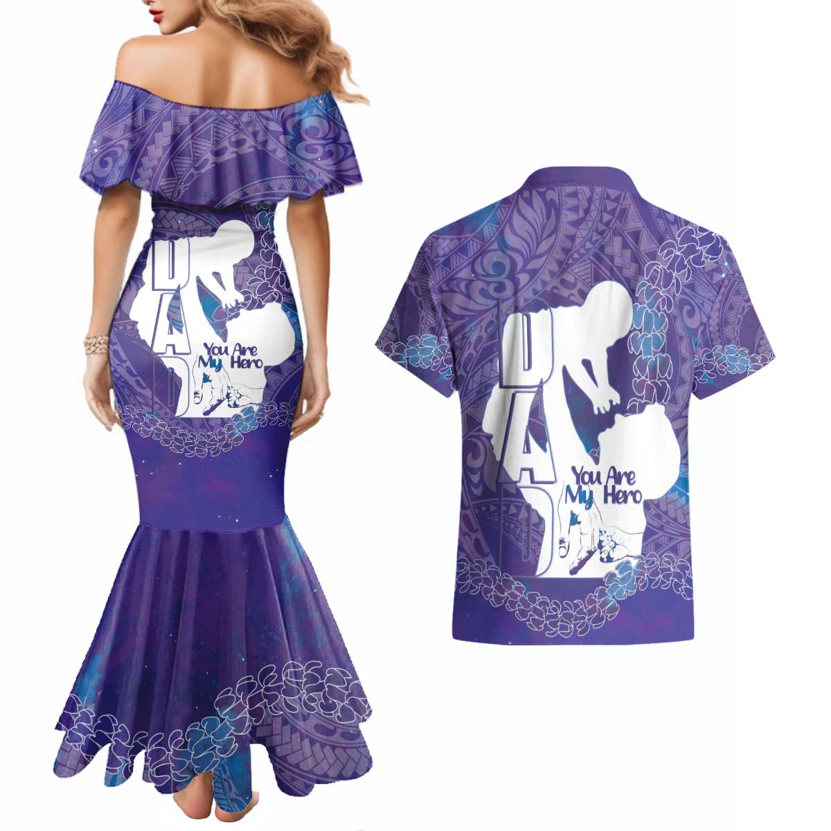 Purple Polynesia Father's Day Couples Matching Mermaid Dress and Hawaiian Shirt Dad You Are My Hero