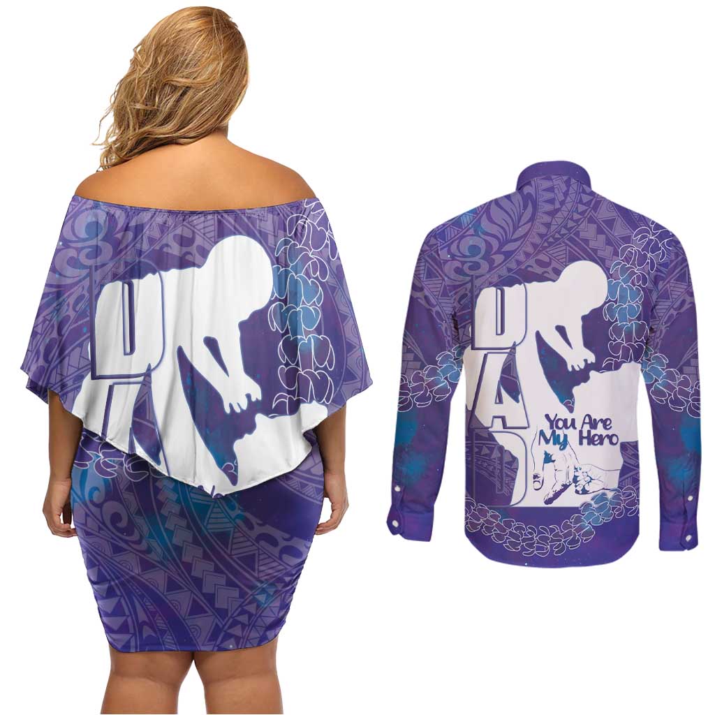 Purple Polynesia Father's Day Couples Matching Off Shoulder Short Dress and Long Sleeve Button Shirt Dad You Are My Hero