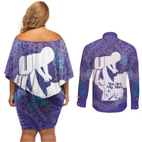 Purple Polynesia Father's Day Couples Matching Off Shoulder Short Dress and Long Sleeve Button Shirt Dad You Are My Hero