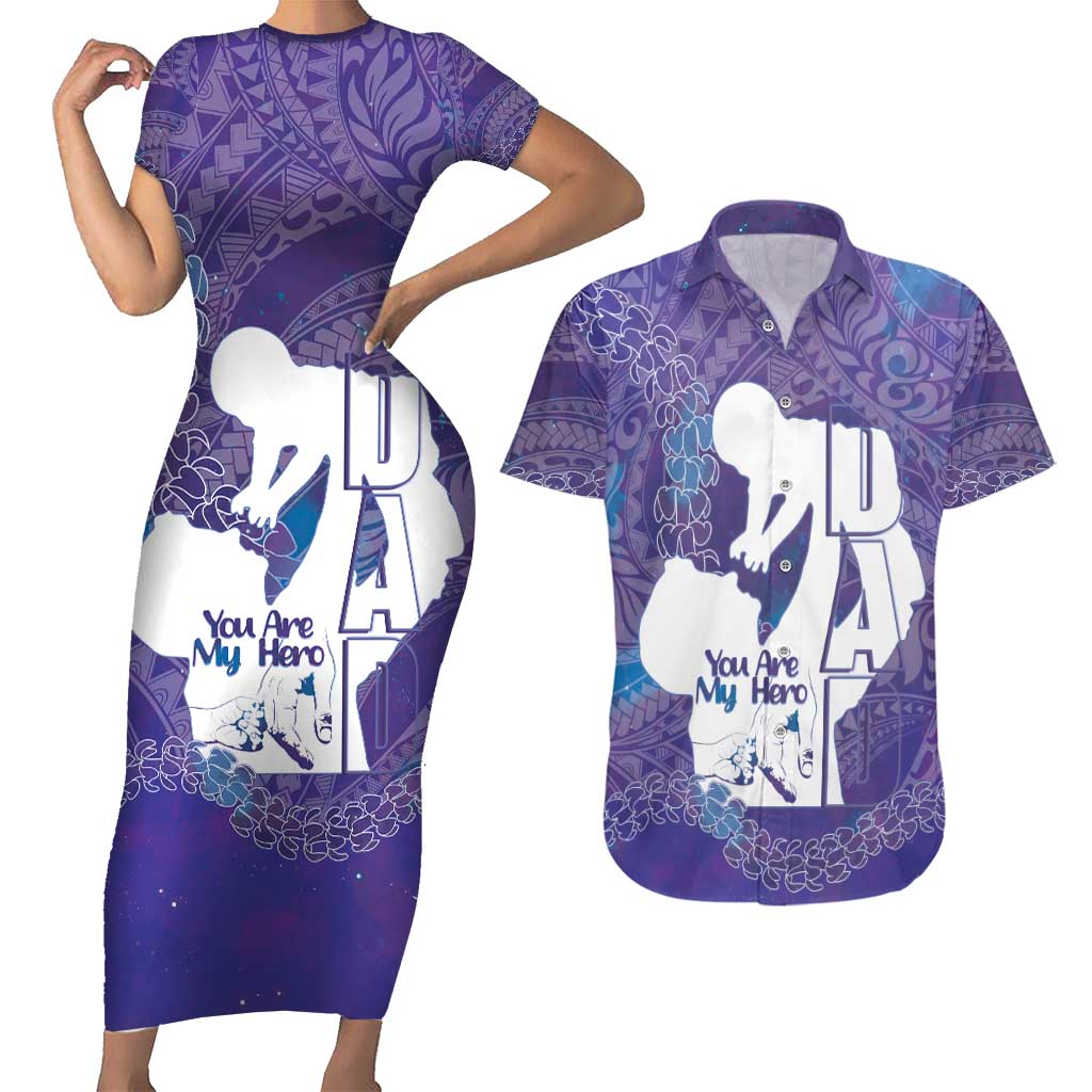 Purple Polynesia Father's Day Couples Matching Short Sleeve Bodycon Dress and Hawaiian Shirt Dad You Are My Hero