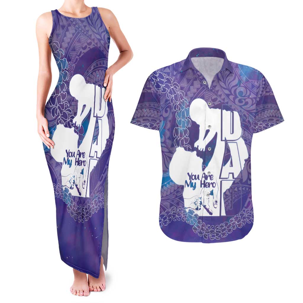 Purple Polynesia Father's Day Couples Matching Tank Maxi Dress and Hawaiian Shirt Dad You Are My Hero