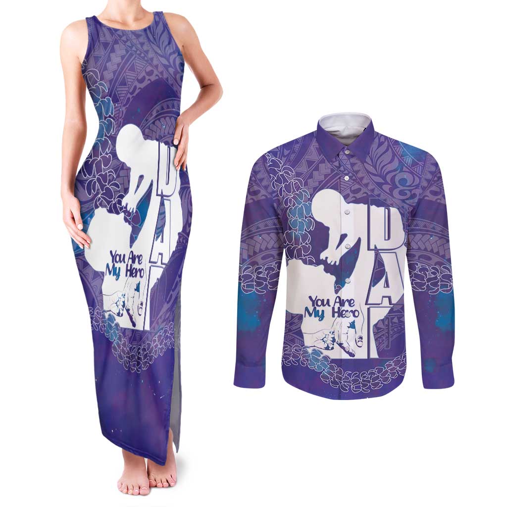 Purple Polynesia Father's Day Couples Matching Tank Maxi Dress and Long Sleeve Button Shirt Dad You Are My Hero