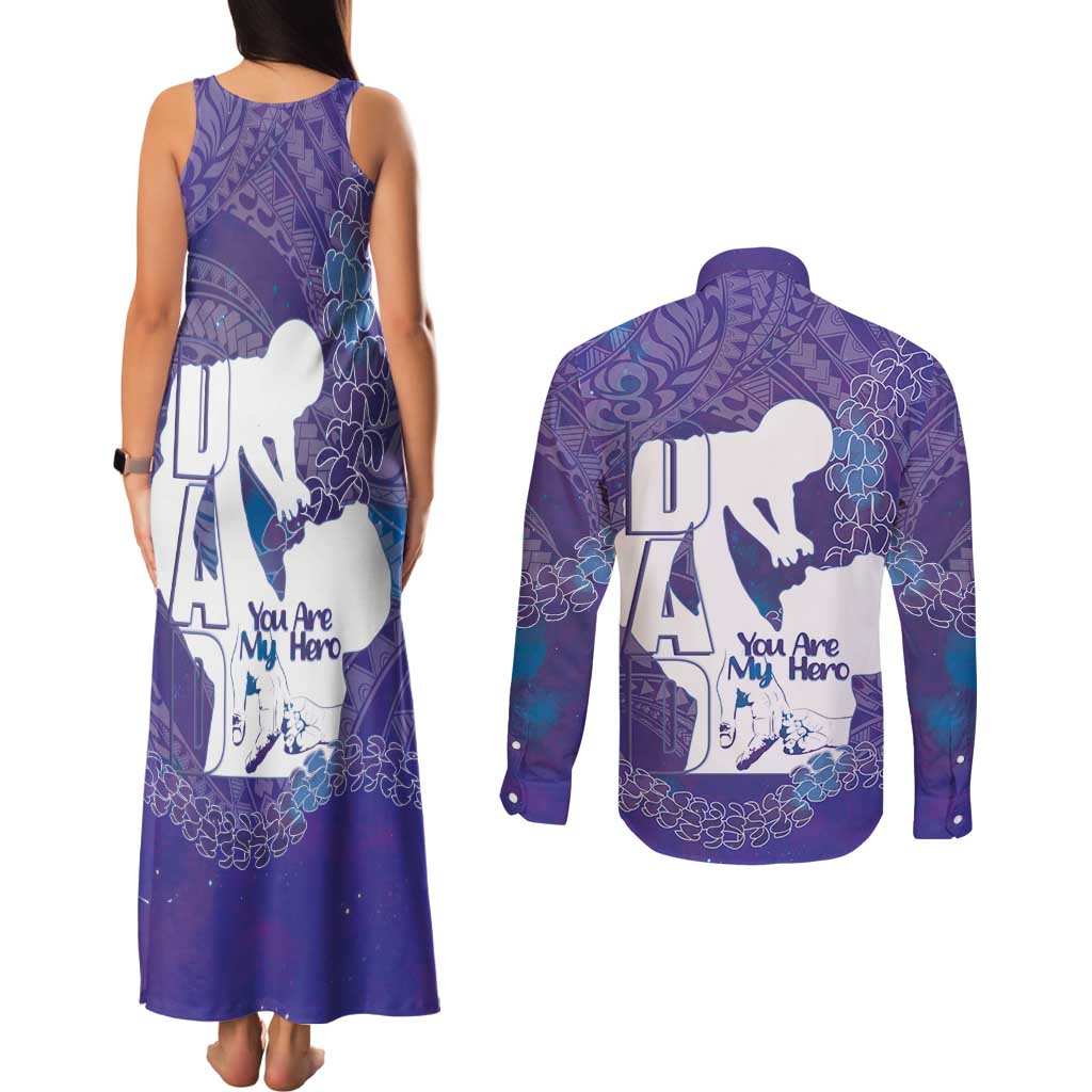 Purple Polynesia Father's Day Couples Matching Tank Maxi Dress and Long Sleeve Button Shirt Dad You Are My Hero