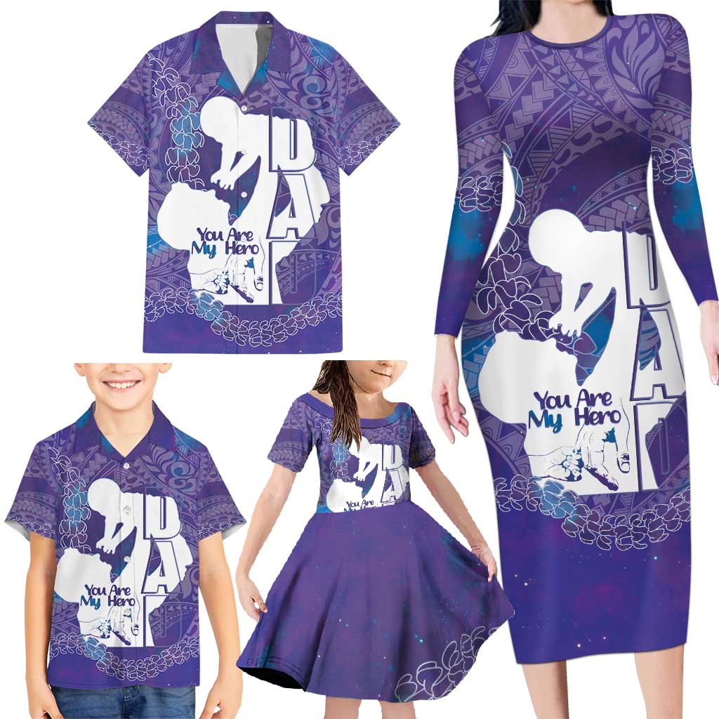 Purple Polynesia Father's Day Family Matching Long Sleeve Bodycon Dress and Hawaiian Shirt Dad You Are My Hero