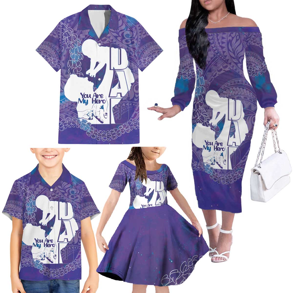 Purple Polynesia Father's Day Family Matching Off The Shoulder Long Sleeve Dress and Hawaiian Shirt Dad You Are My Hero