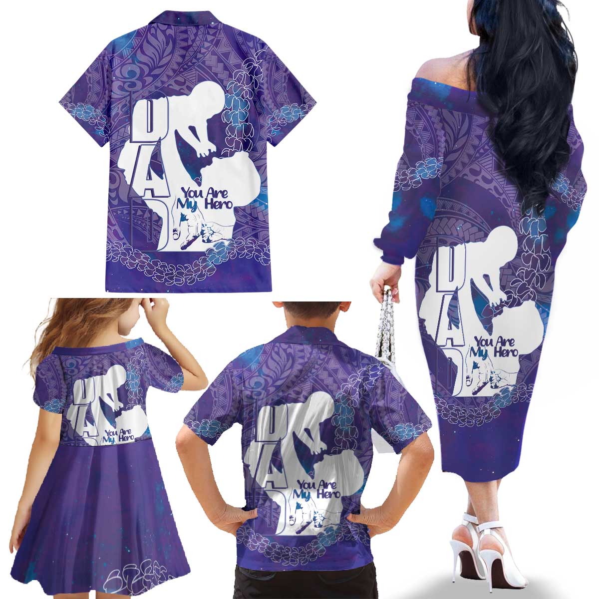 Purple Polynesia Father's Day Family Matching Off The Shoulder Long Sleeve Dress and Hawaiian Shirt Dad You Are My Hero