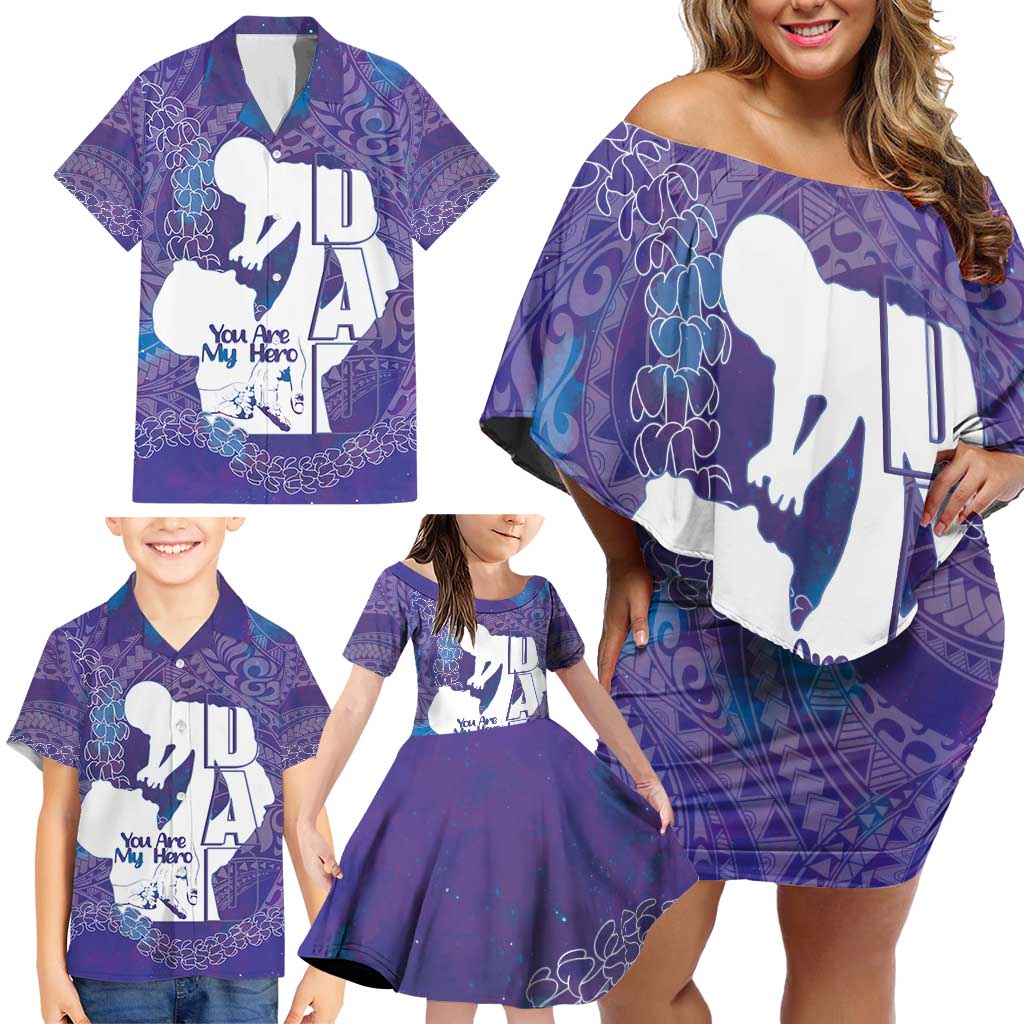 Purple Polynesia Father's Day Family Matching Off Shoulder Short Dress and Hawaiian Shirt Dad You Are My Hero