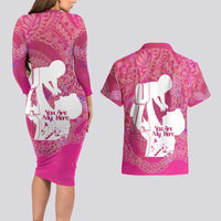 Pink Polynesia Father's Day Couples Matching Long Sleeve Bodycon Dress and Hawaiian Shirt Dad You Are My Hero