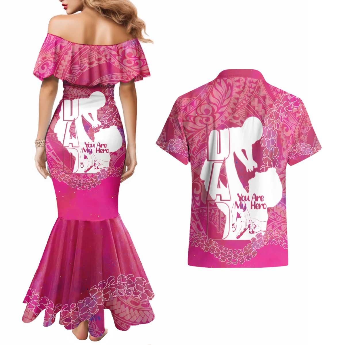 Pink Polynesia Father's Day Couples Matching Mermaid Dress and Hawaiian Shirt Dad You Are My Hero