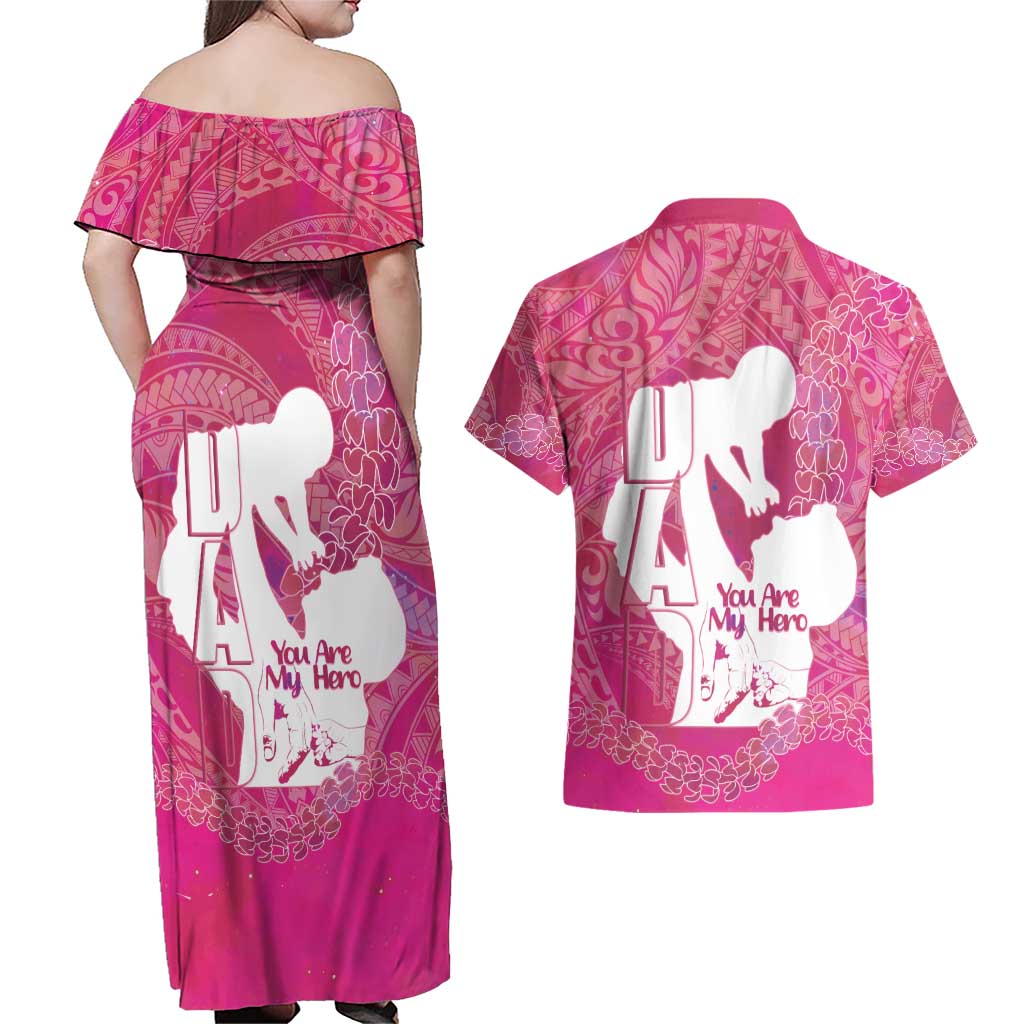 Pink Polynesia Father's Day Couples Matching Off Shoulder Maxi Dress and Hawaiian Shirt Dad You Are My Hero