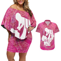 Pink Polynesia Father's Day Couples Matching Off Shoulder Short Dress and Hawaiian Shirt Dad You Are My Hero