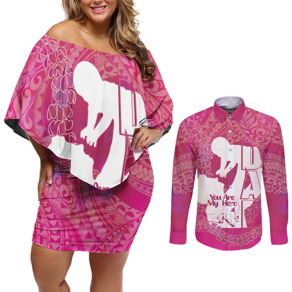 Pink Polynesia Father's Day Couples Matching Off Shoulder Short Dress and Long Sleeve Button Shirt Dad You Are My Hero