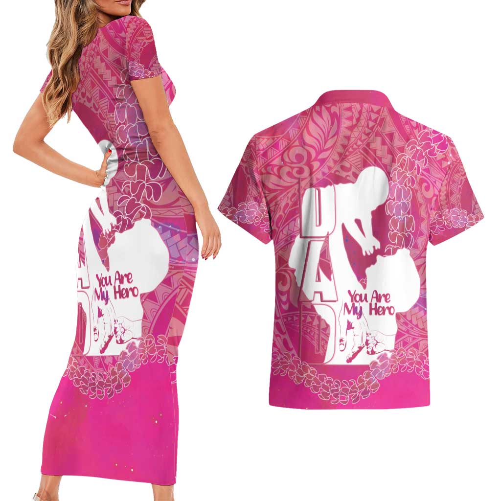 Pink Polynesia Father's Day Couples Matching Short Sleeve Bodycon Dress and Hawaiian Shirt Dad You Are My Hero