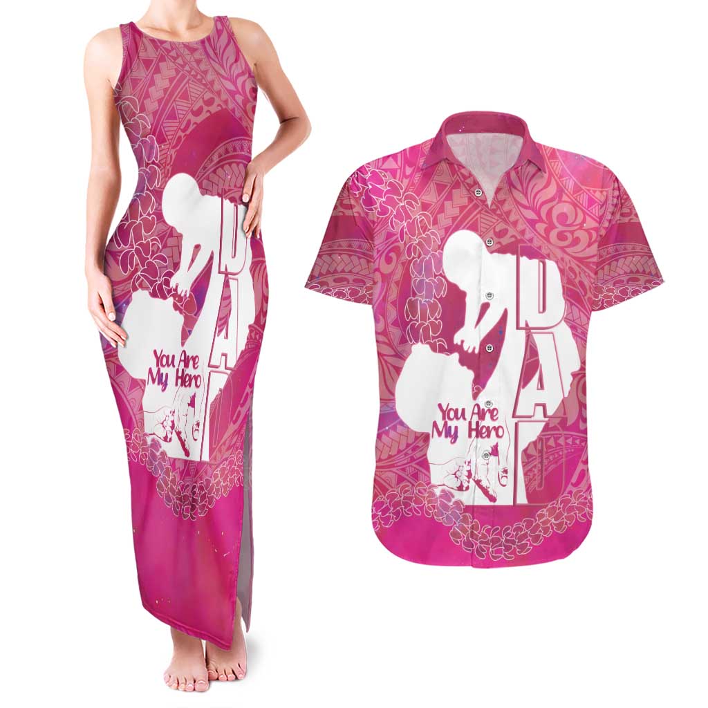 Pink Polynesia Father's Day Couples Matching Tank Maxi Dress and Hawaiian Shirt Dad You Are My Hero