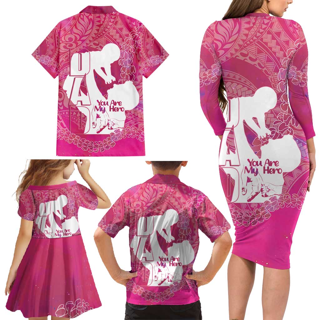 Pink Polynesia Father's Day Family Matching Long Sleeve Bodycon Dress and Hawaiian Shirt Dad You Are My Hero