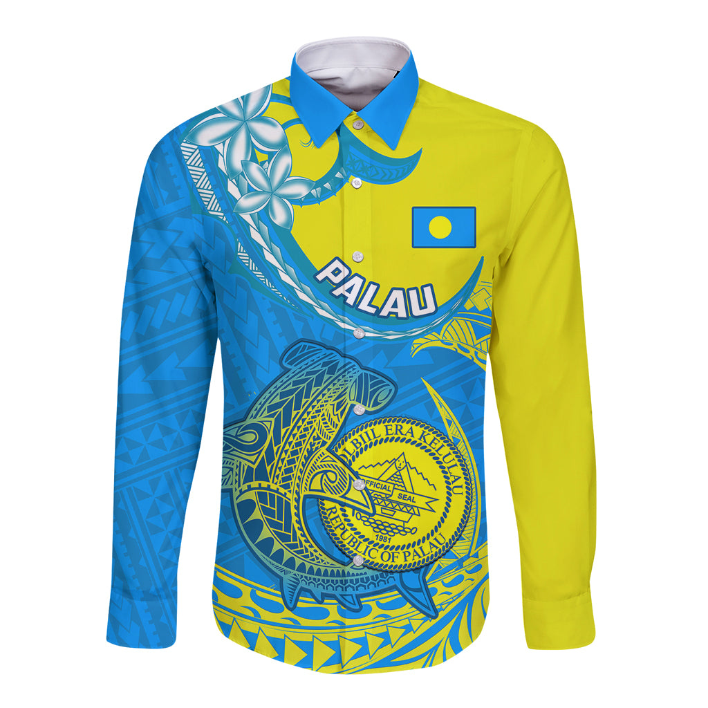Palau Independence Day Long Sleeve Button Shirt Happy 29th Anniversary Polynesian Hammerhead Shark LT14 Unisex Blue - Polynesian Pride