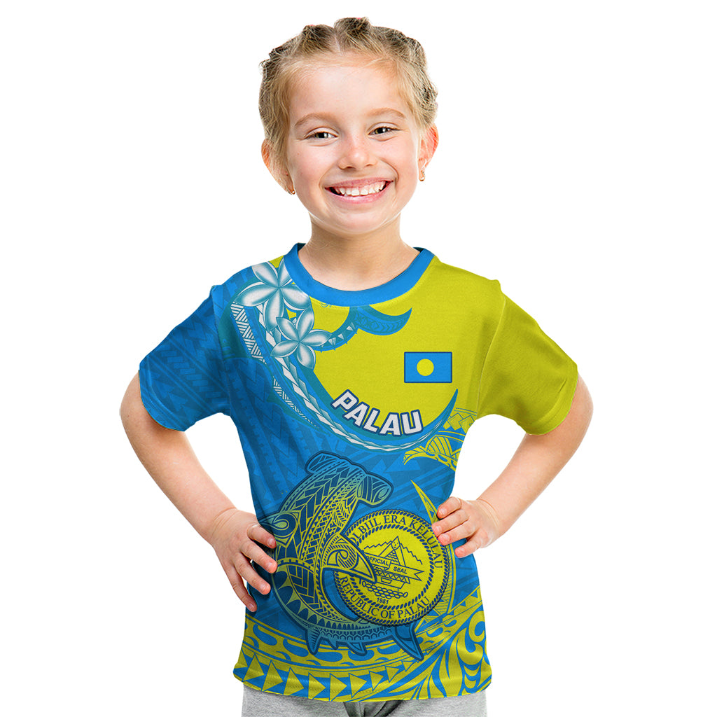 Personalised Palau Independence Day Kid T Shirt Happy 29th Anniversary Polynesian Hammerhead Shark LT14 Blue - Polynesian Pride