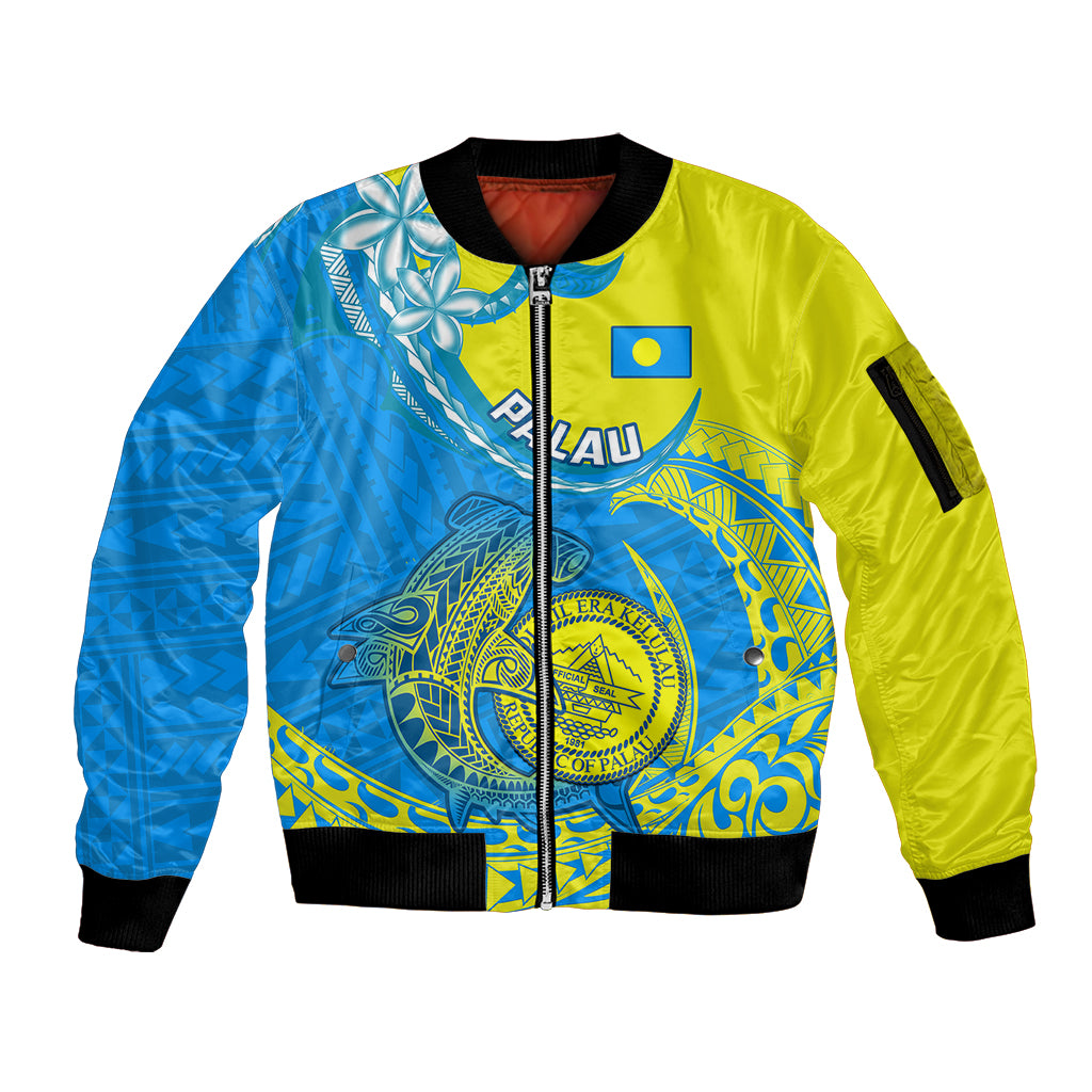 Personalised Palau Independence Day Sleeve Zip Bomber Jacket Happy 29th Anniversary Polynesian Hammerhead Shark LT14 Unisex Blue - Polynesian Pride