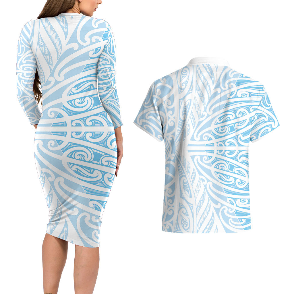 Blue New Zealand Puhoro Maori Tattoo Couples Matching Long Sleeve Bodycon Dress and Hawaiian Shirt LT14 - Polynesian Pride
