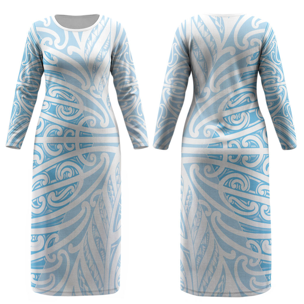 Blue New Zealand Puhoro Maori Tattoo Couples Matching Long Sleeve Bodycon Dress and Hawaiian Shirt LT14 - Polynesian Pride
