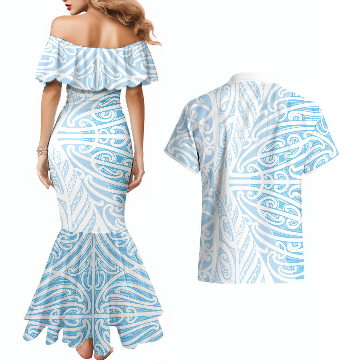 Blue New Zealand Puhoro Maori Tattoo Couples Matching Mermaid Dress and Hawaiian Shirt LT14 - Polynesian Pride