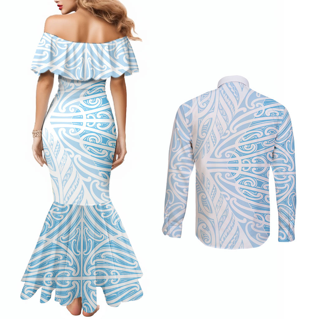 Blue New Zealand Puhoro Maori Tattoo Couples Matching Mermaid Dress and Long Sleeve Button Shirt LT14 - Polynesian Pride