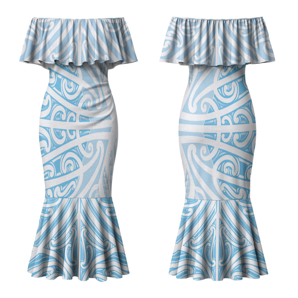 Blue New Zealand Puhoro Maori Tattoo Couples Matching Mermaid Dress and Long Sleeve Button Shirt LT14 - Polynesian Pride