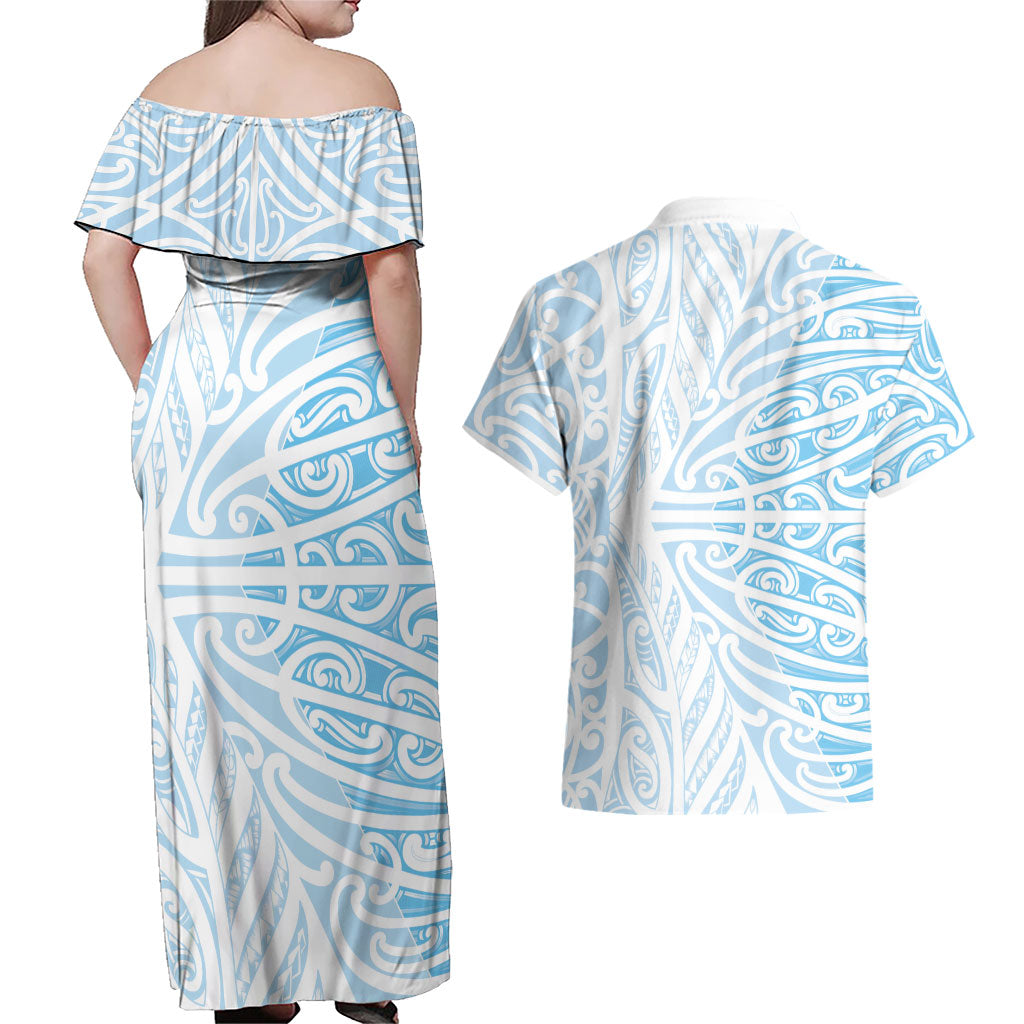 Blue New Zealand Puhoro Maori Tattoo Couples Matching Off Shoulder Maxi Dress and Hawaiian Shirt LT14 - Polynesian Pride