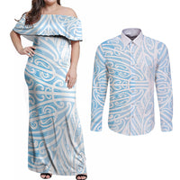 Blue New Zealand Puhoro Maori Tattoo Couples Matching Off Shoulder Maxi Dress and Long Sleeve Button Shirt LT14 Blue - Polynesian Pride