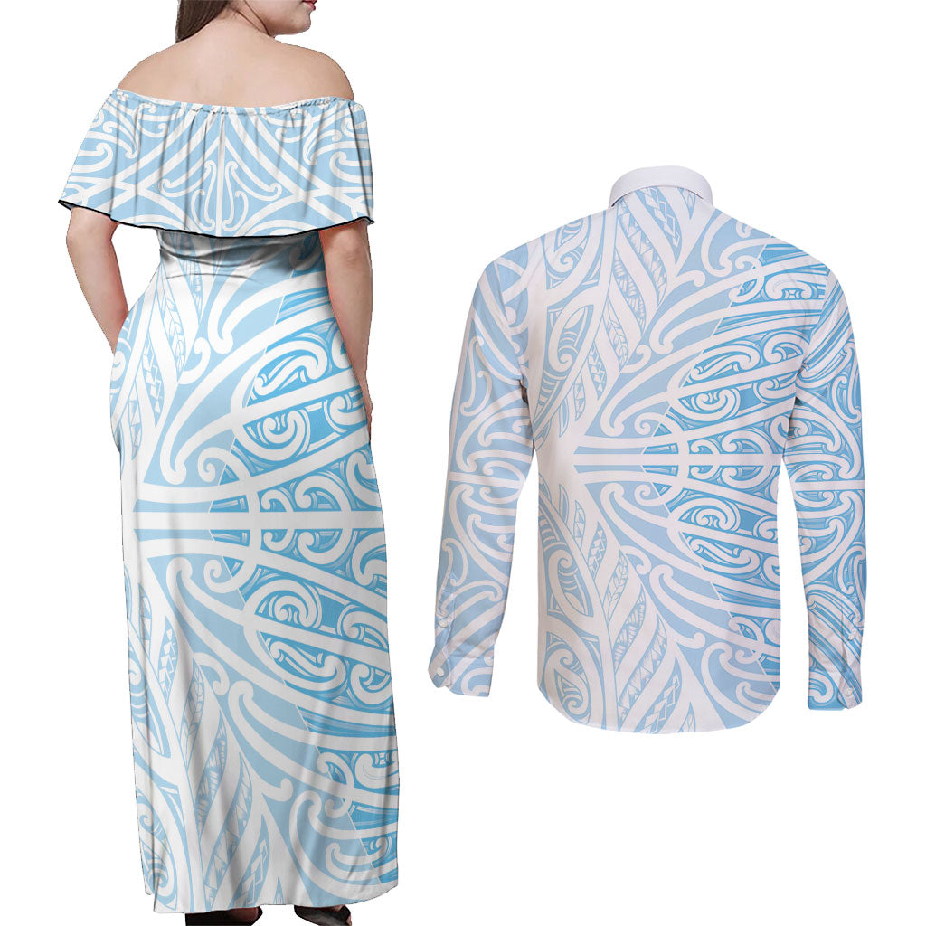 Blue New Zealand Puhoro Maori Tattoo Couples Matching Off Shoulder Maxi Dress and Long Sleeve Button Shirt LT14 - Polynesian Pride