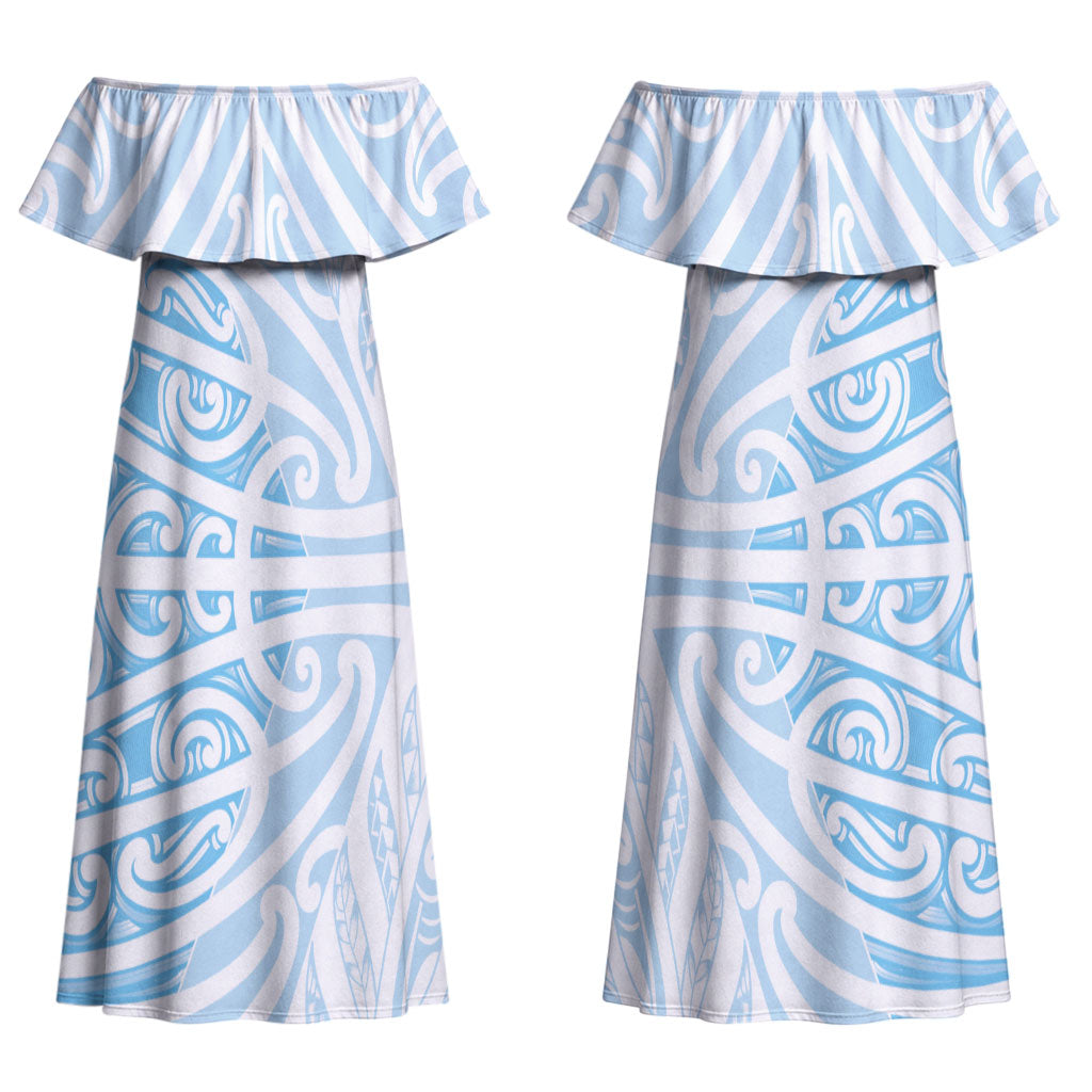 Blue New Zealand Puhoro Maori Tattoo Couples Matching Off Shoulder Maxi Dress and Long Sleeve Button Shirt LT14 - Polynesian Pride