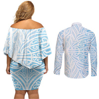 Blue New Zealand Puhoro Maori Tattoo Couples Matching Off Shoulder Short Dress and Long Sleeve Button Shirt LT14 - Polynesian Pride