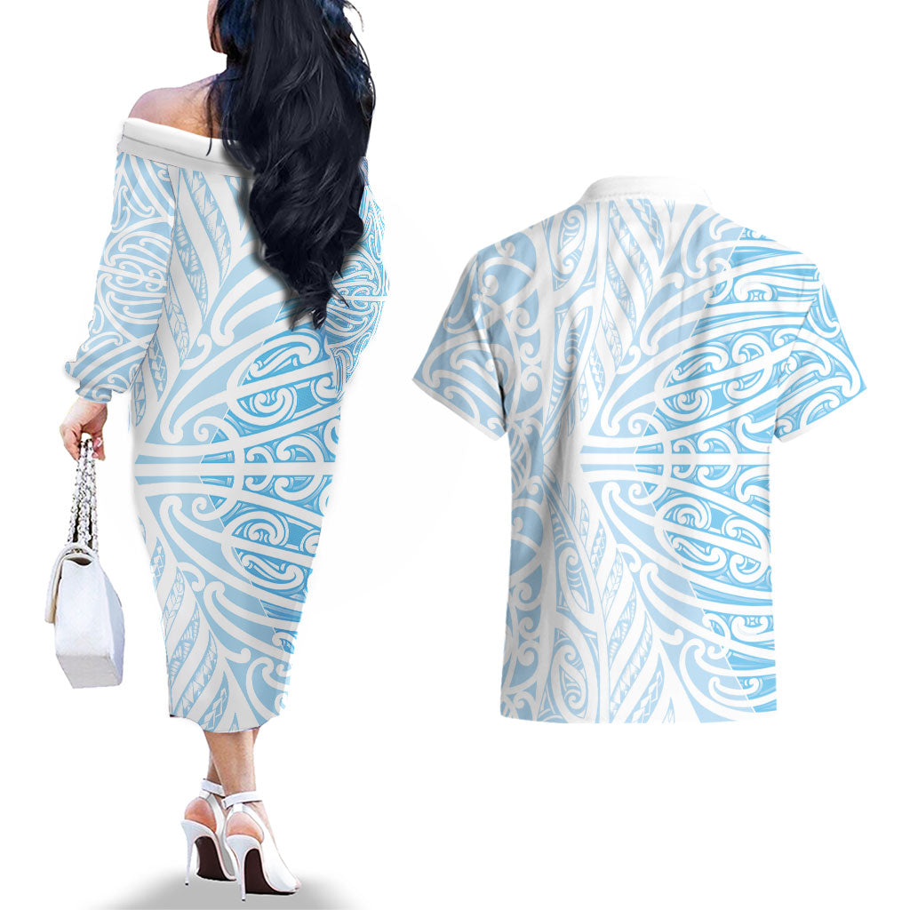 Blue New Zealand Puhoro Maori Tattoo Couples Matching Off The Shoulder Long Sleeve Dress and Hawaiian Shirt LT14 - Polynesian Pride
